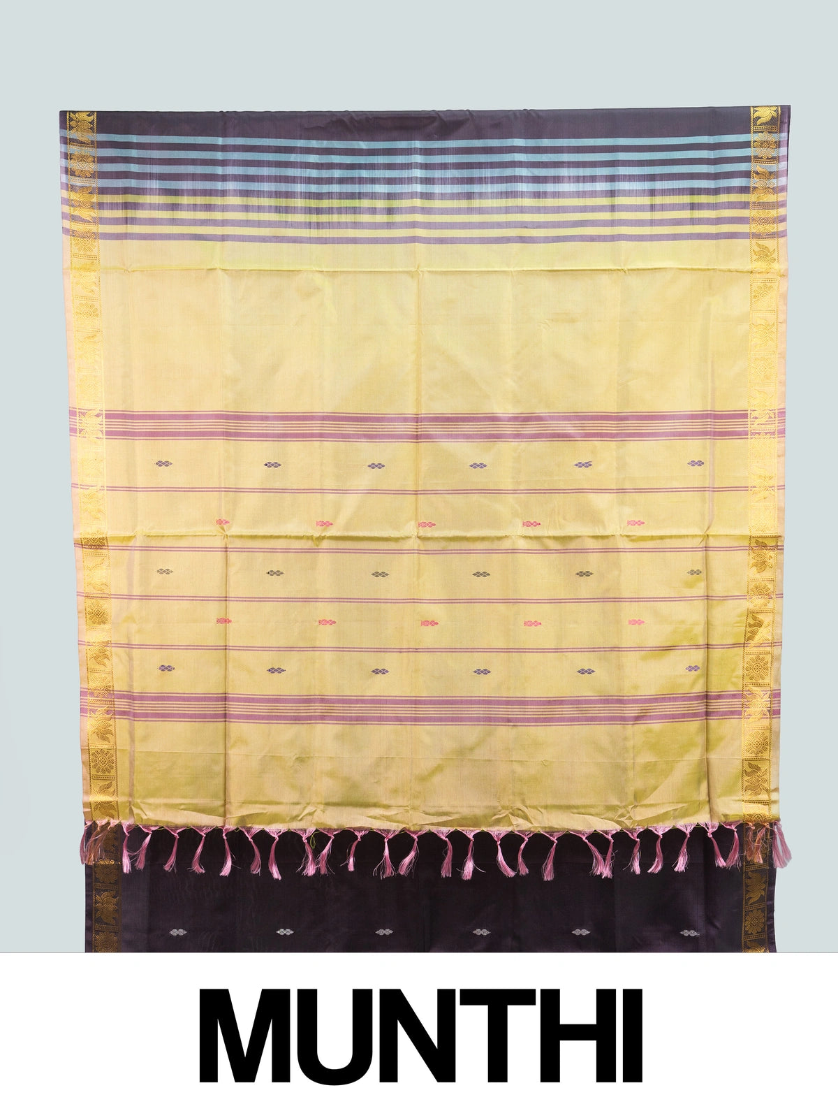 Wine purple Banana Silk saree with gold zari border and contrast yellow striped pallu