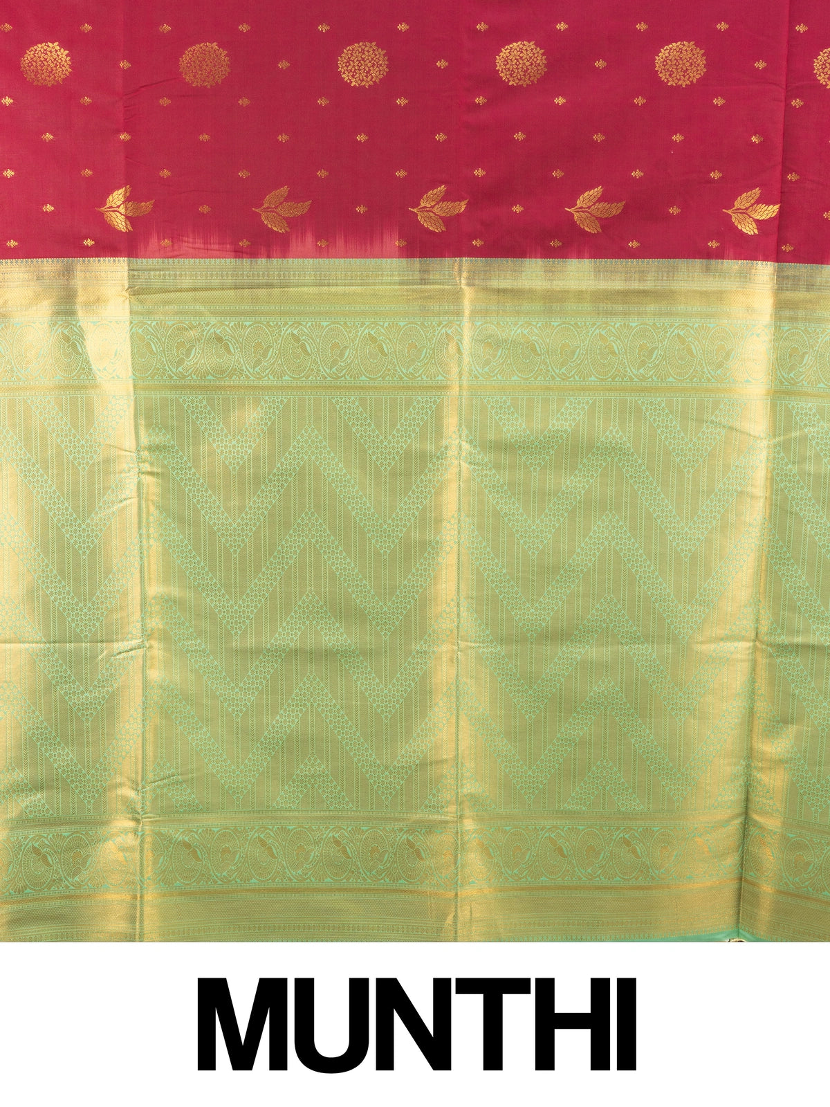 Maroon semi silk saree with gold zari buttas and contrast green zari border and pallu