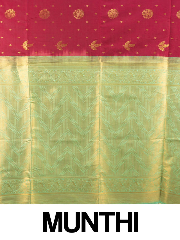 Maroon semi silk saree with gold zari buttas and contrast green zari border and pallu
