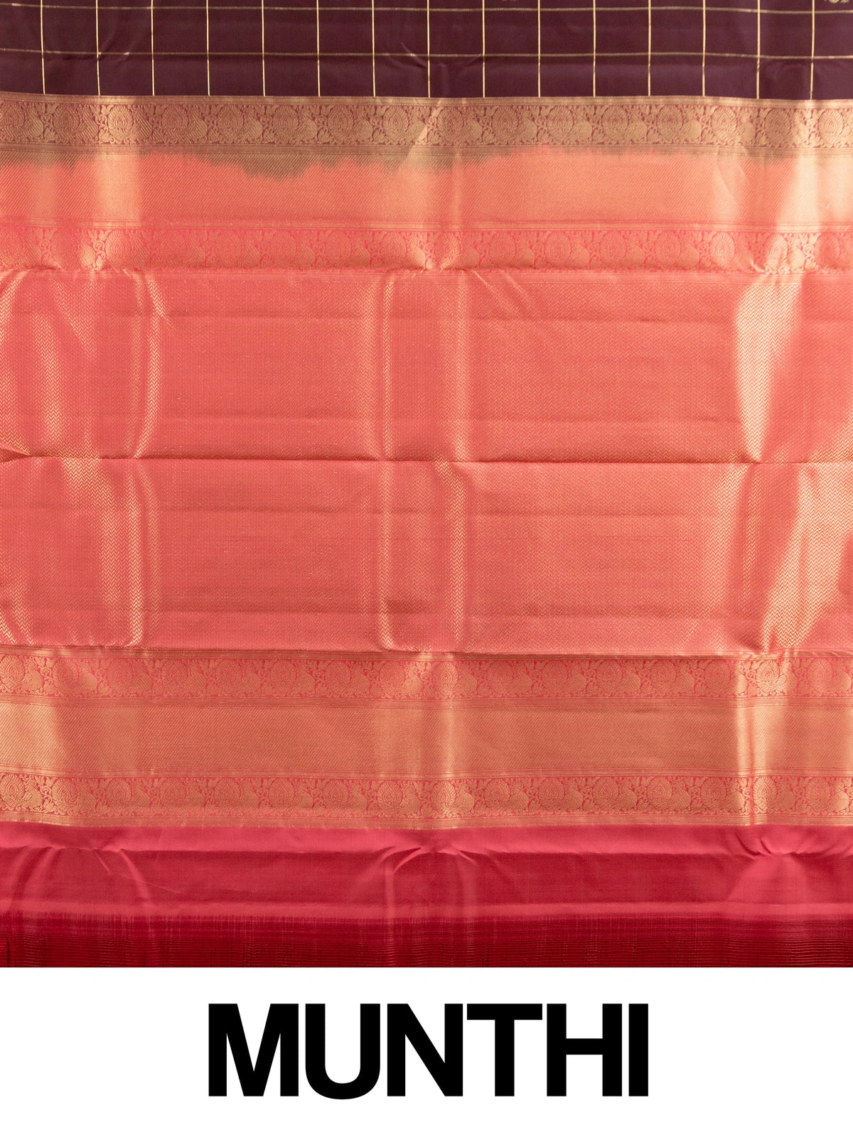 Deep wine pure Kanchipuram silk saree with gold zari checks, peacock motifs and coral pink contrast zari border