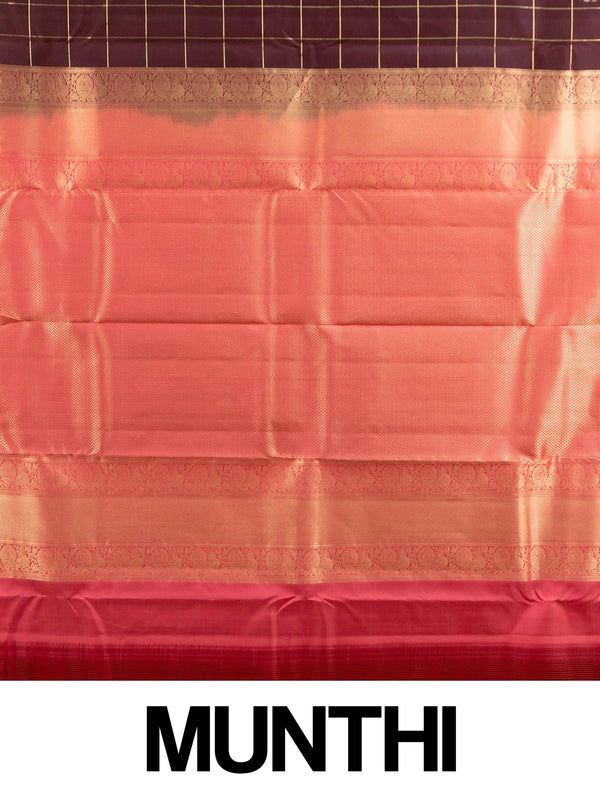 Deep wine pure Kanchipuram silk saree with gold zari checks, peacock motifs and coral pink contrast zari border