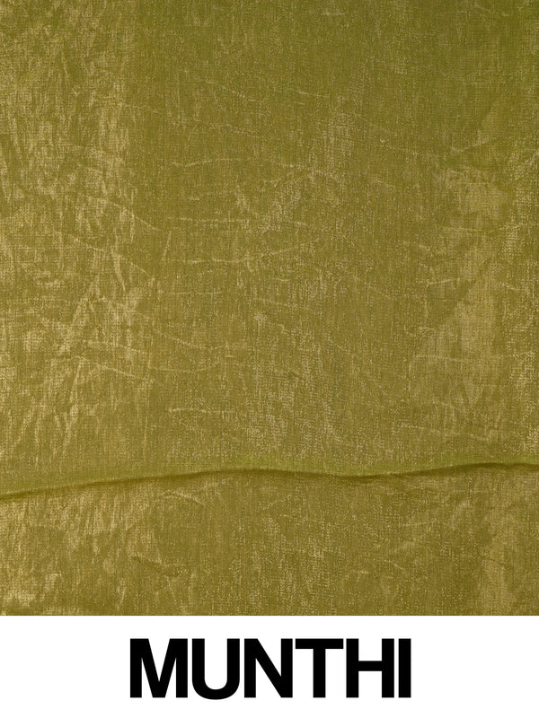 Olive green and gold semi tussar saree with shimmering tissue weave and contrast printed floral blouse