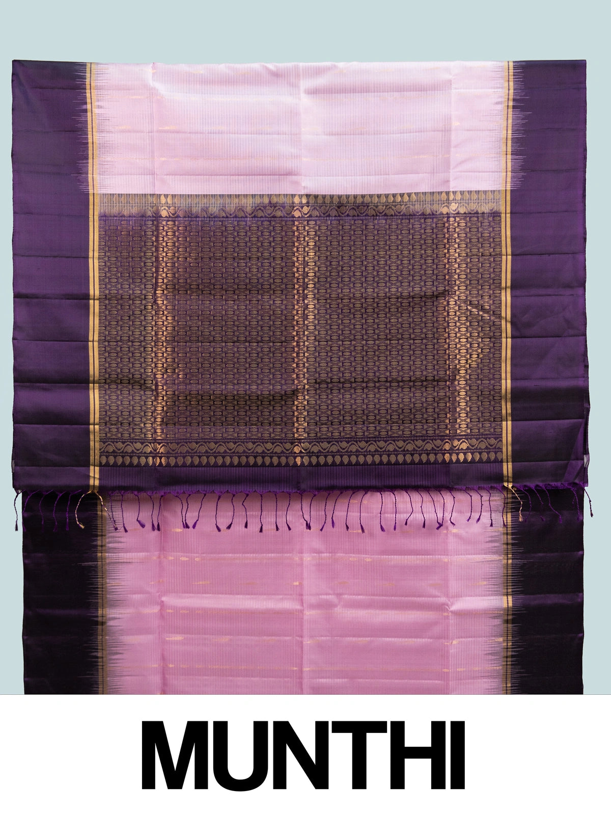 Pink pure soft silk saree with dark purple contrast temple zari border and gold zari brocade pallu