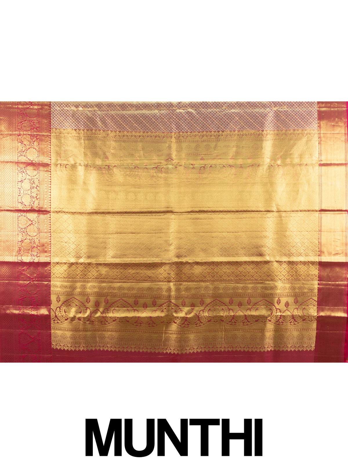 Gold pure Kanchipuram silk saree with contrast pink zari border and ornate woven pallu