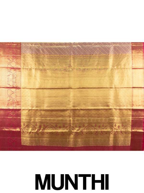 Gold pure Kanchipuram silk saree with contrast pink zari border and ornate woven pallu