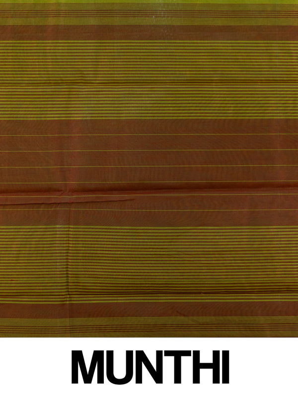 Mehendi green silk cotton saree with contrast green border and maroon gold zari striped pallu
