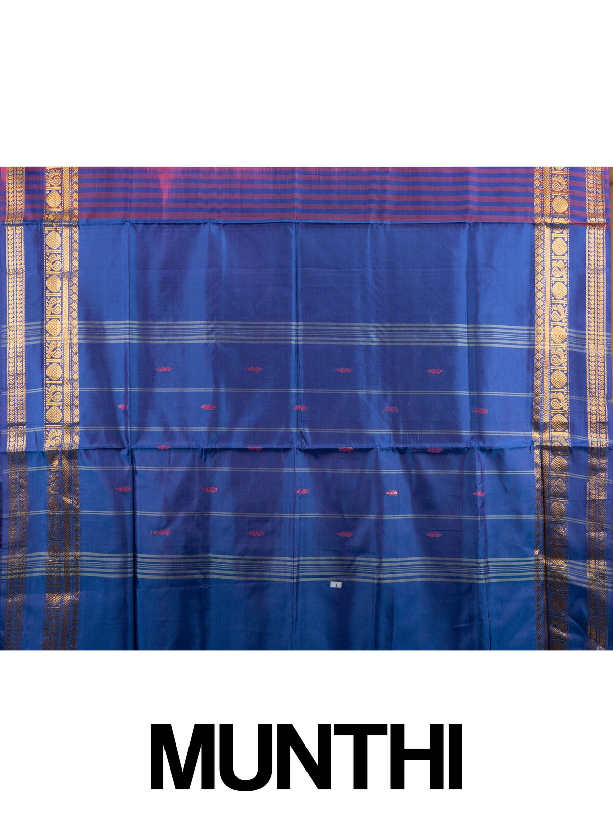 Pink banana silk saree with royal blue contrast pallu and gold zari peacock border