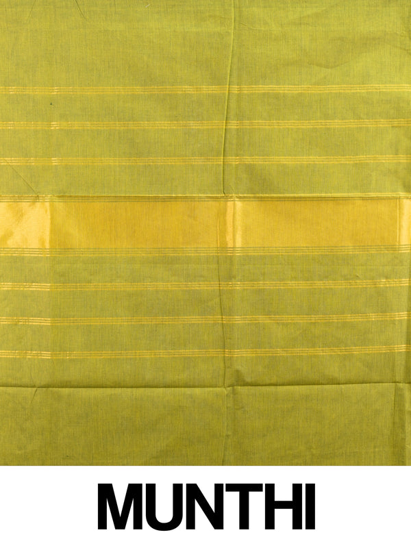 Mehndi green Chettinad cotton saree with contrast dark green gold zari border and striped pallu