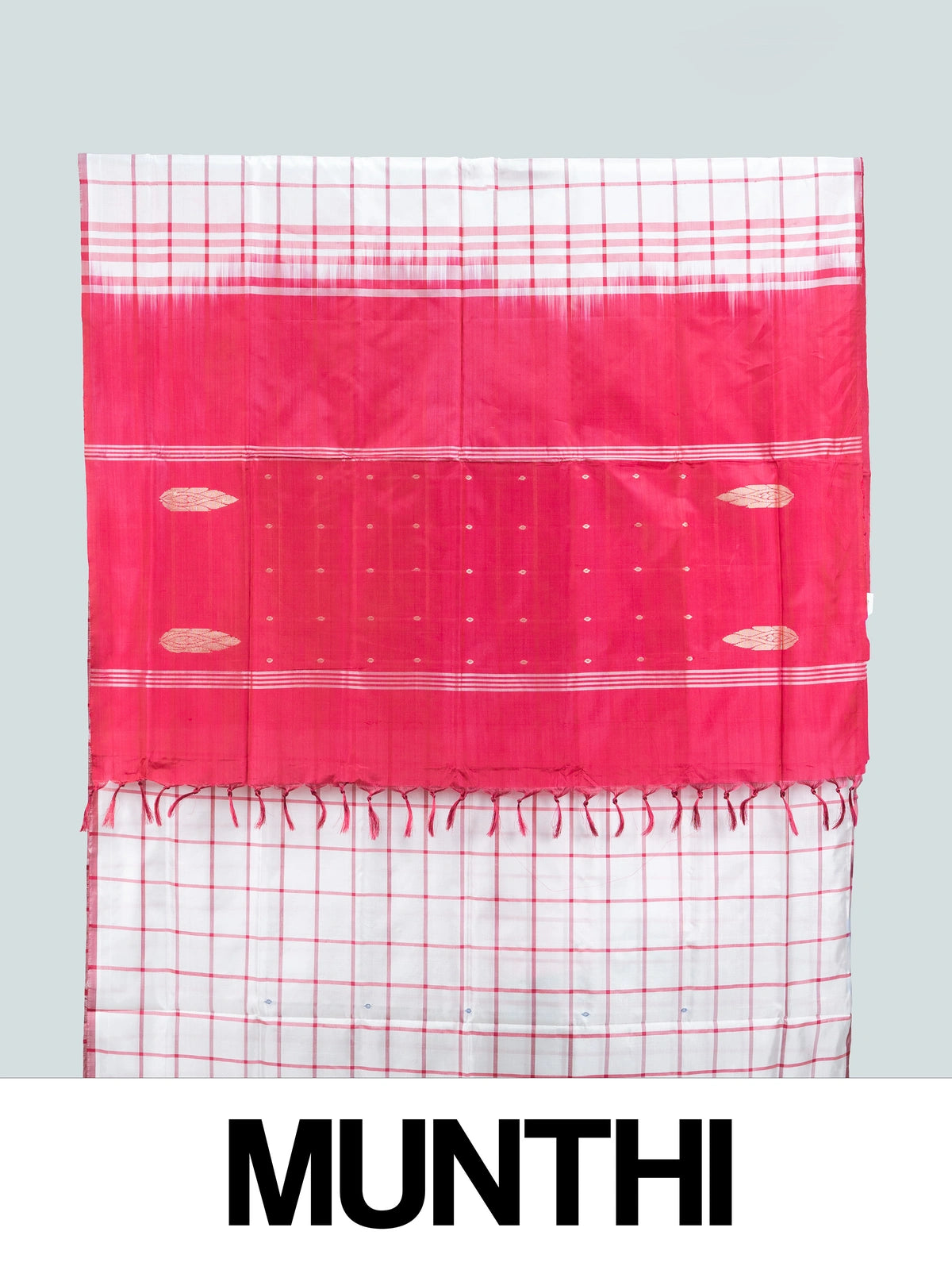 White Banana Silk saree with red windowpane checks and contrast pink-red zari pallu