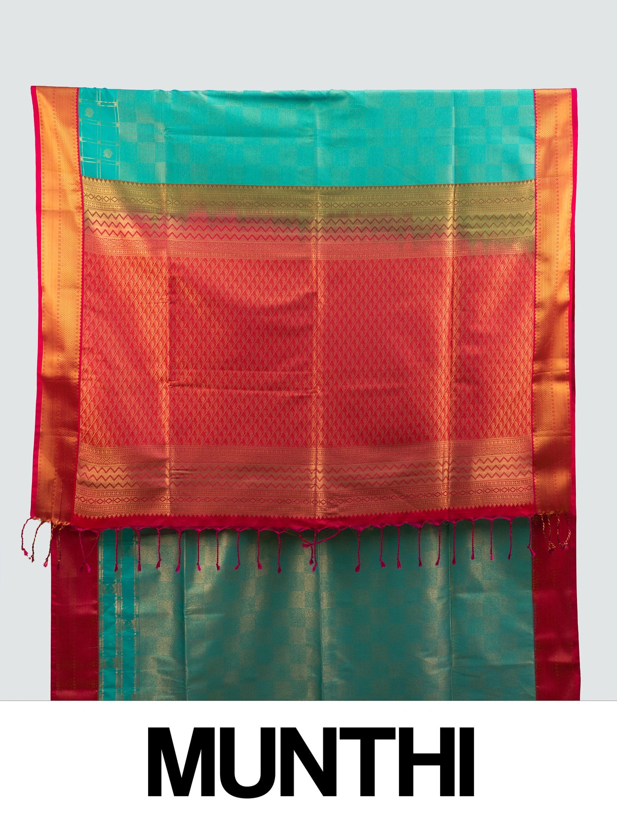 Teal green Kanchipuram Fancy Silk saree with gold zari checks and contrast red zari border and pallu
