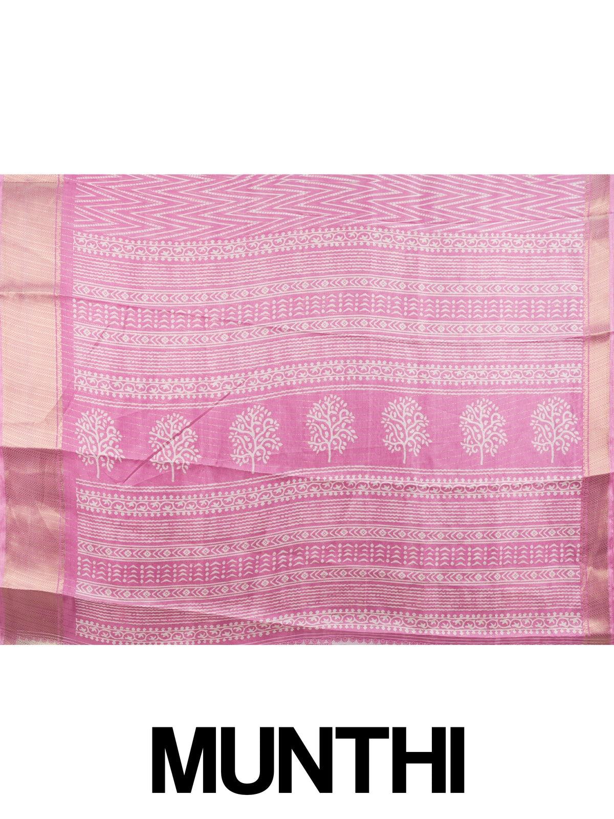 Pink and white chevron printed designer saree with gold zari border and tree-of-life pallu