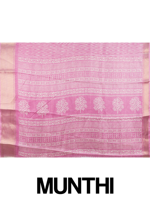 Pink and white chevron printed designer saree with gold zari border and tree-of-life pallu
