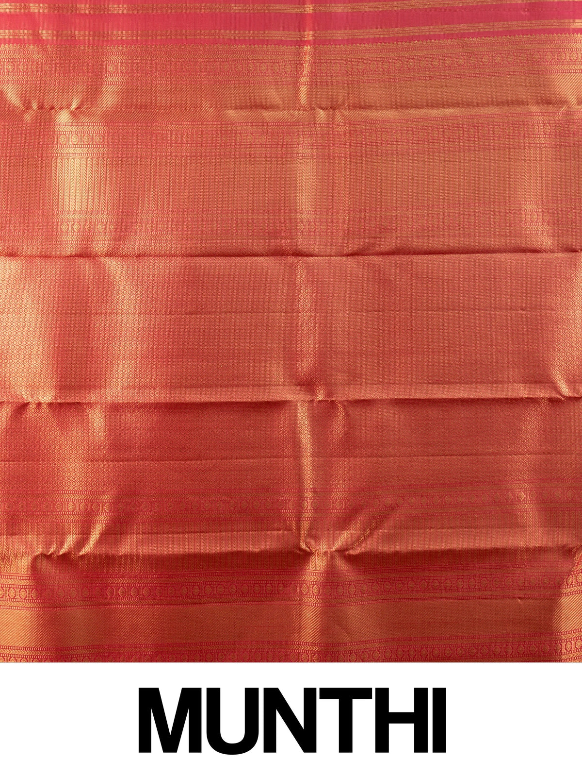 Pink and gold pure Kanchipuram silk saree with gold zari buttis, wide contrast border and woven zari pallu
