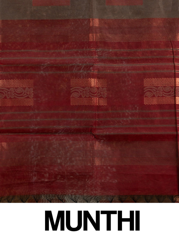 Brown silk cotton saree with contrast maroon border and copper zari butta motifs