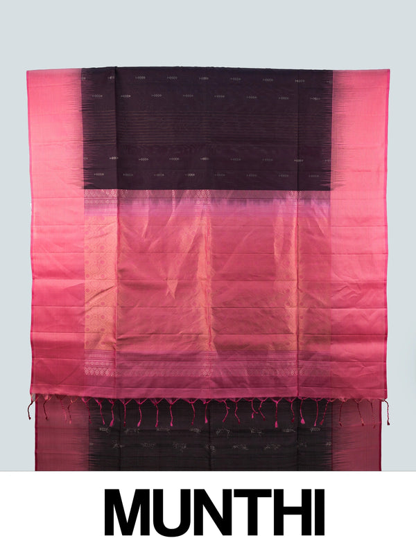Deep wine soft silk saree with contrast pink zari border and tasselled pallu