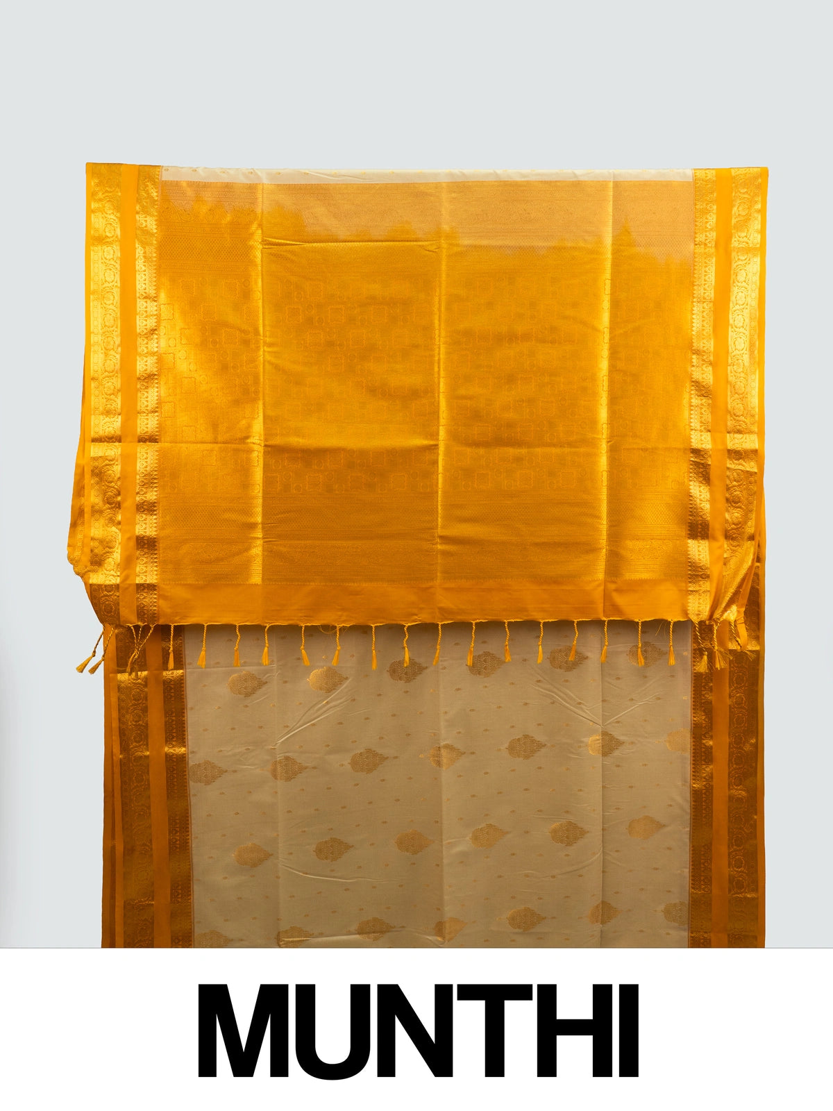 Cream Kanchipuram fancy silk saree with mustard yellow contrast border and gold zari pallu