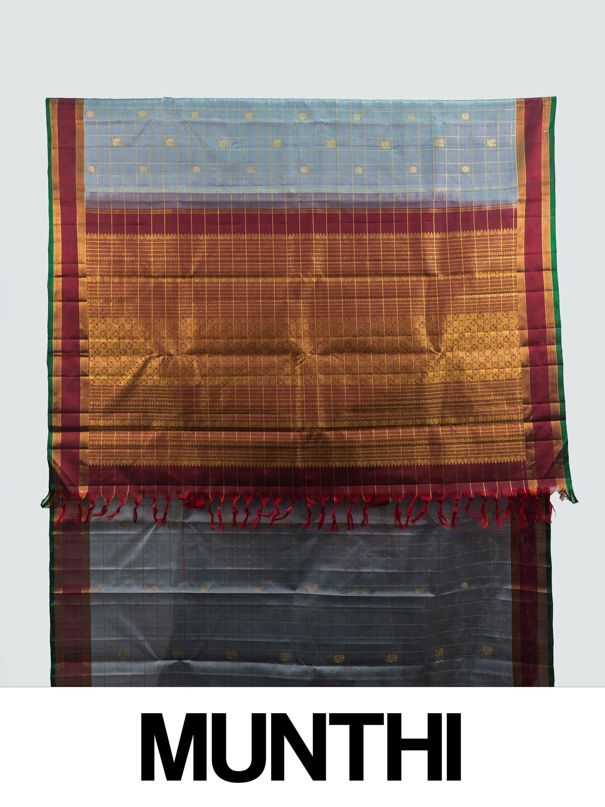Grey pure Kanchipuram silk saree with gold zari checks, contrast maroon border and ornate zari pallu