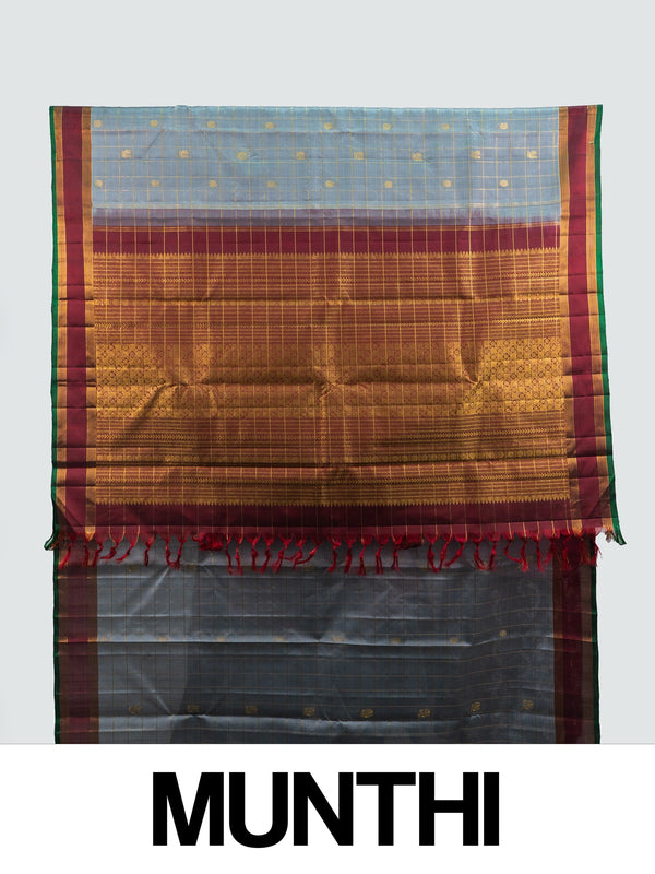 Grey pure Kanchipuram silk saree with gold zari checks, contrast maroon border and ornate zari pallu