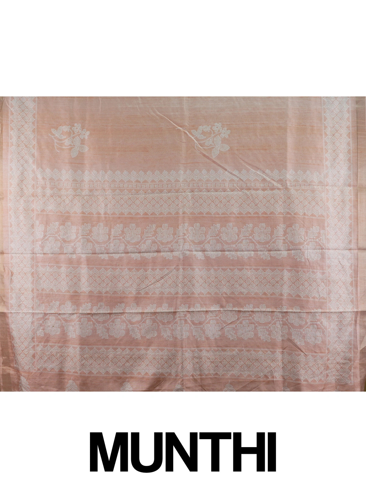 Peach Dola silk saree with white woven floral motifs and tonal zari border