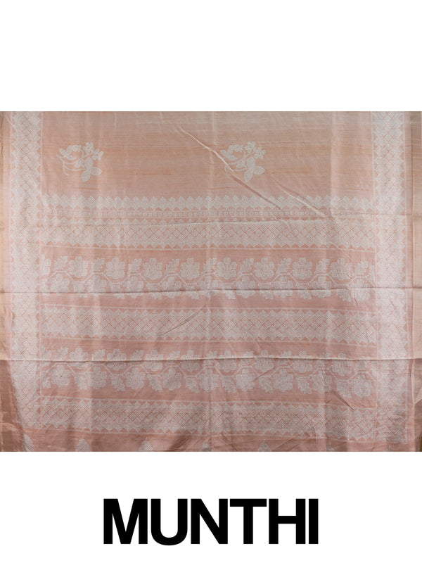 Peach Dola silk saree with white woven floral motifs and tonal zari border