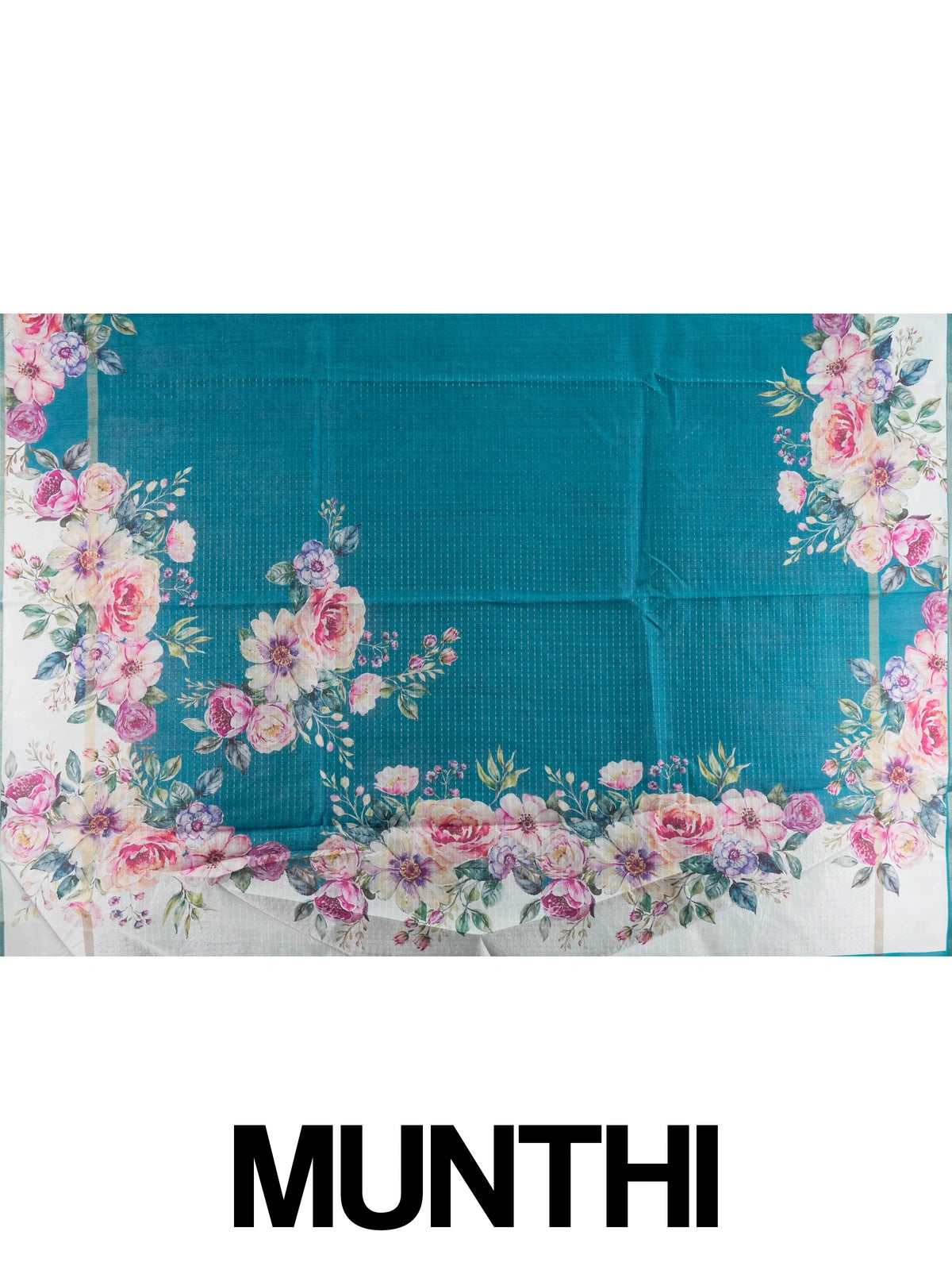 Teal blue semi tussar saree with ivory floral border and silver zari striping