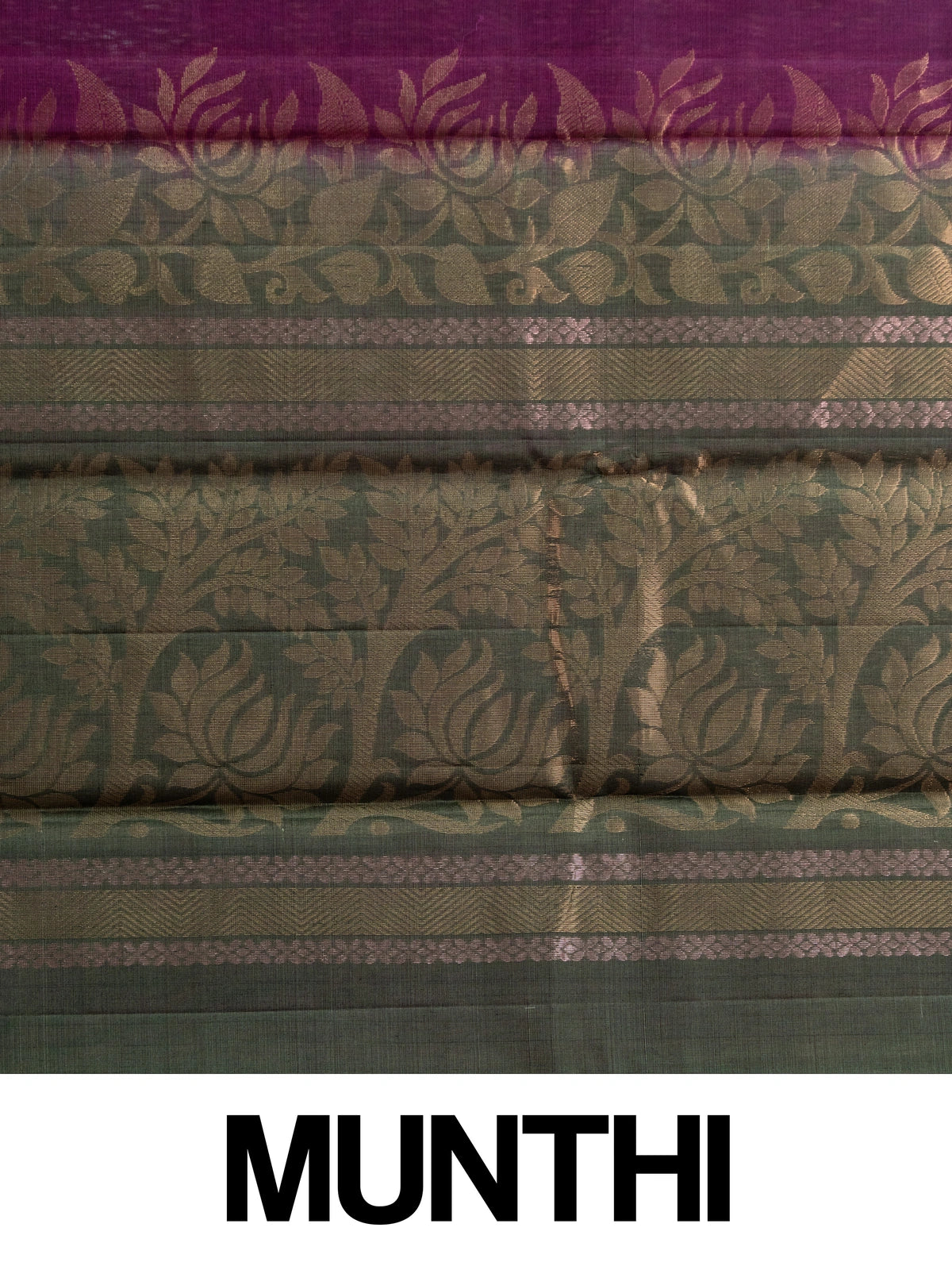 Purple pure silk cotton saree with green contrast zari border and floral lotus pallu