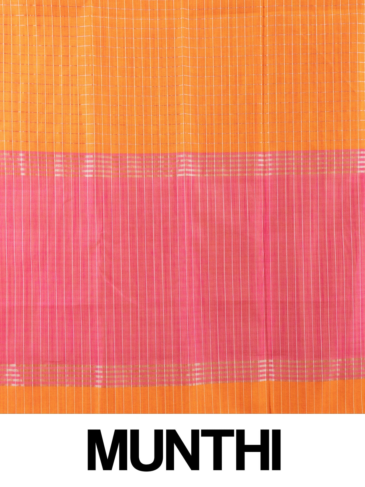 Orange linen cotton saree with white checks, contrast pink border with gold zari, and striped pink blouse