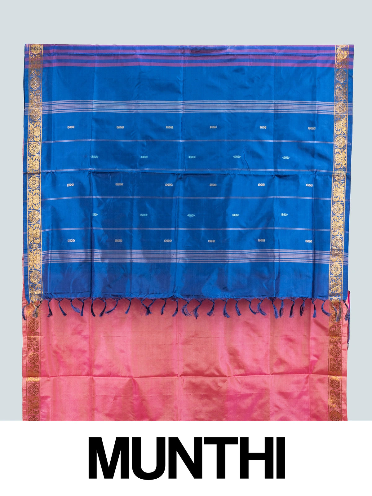 Pink Banana silk saree with contrast blue pallu, gold zari border and woven buttis