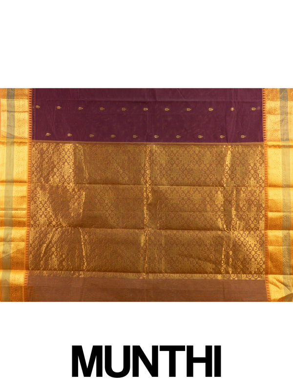 Wine maroon Chettinad cotton saree with mustard-gold zari border and brocade pallu