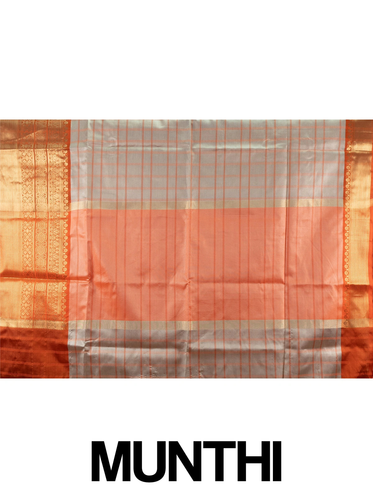 Grey and orange Kanchi semi silk saree with checked body and gold zari contrast border