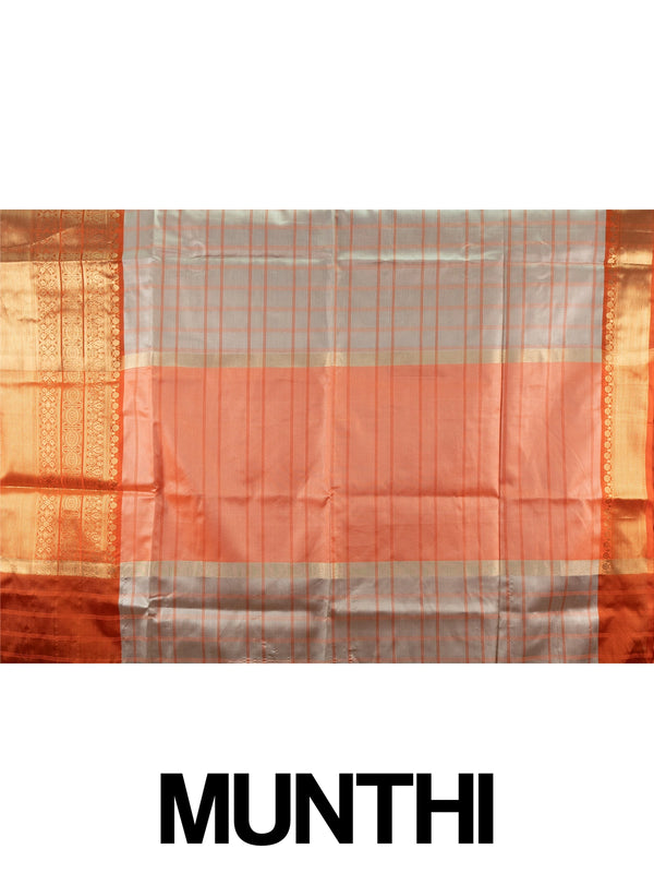 Grey and orange Kanchi semi silk saree with checked body and gold zari contrast border
