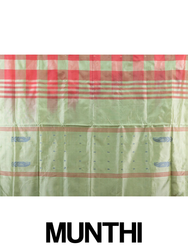Red and green checked Banana silk saree with contrast light green paisley pallu and zari border