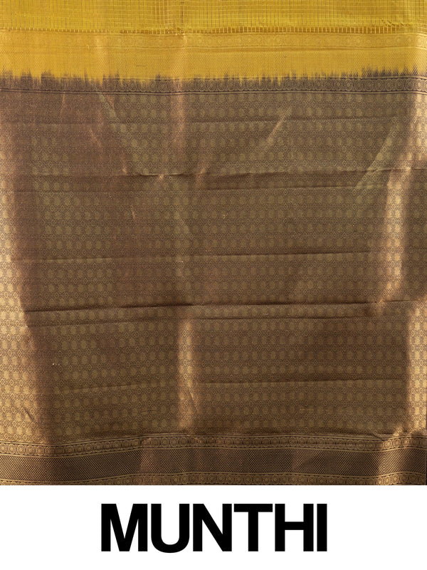 Mehndi green pure Kanchipuram silk saree with dark brown gold zari border and brocade pallu