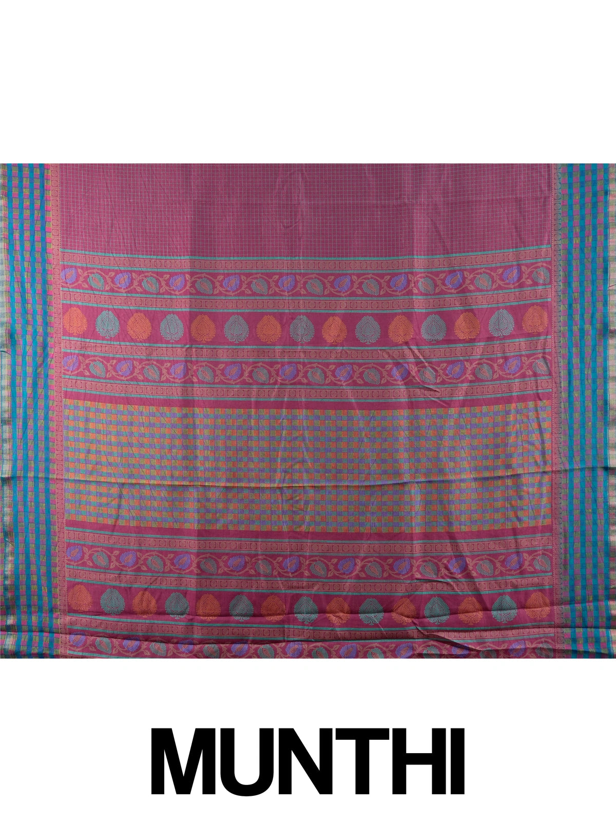 Magenta pink Dola silk saree with teal-blue contrast checked border and floral motif pallu