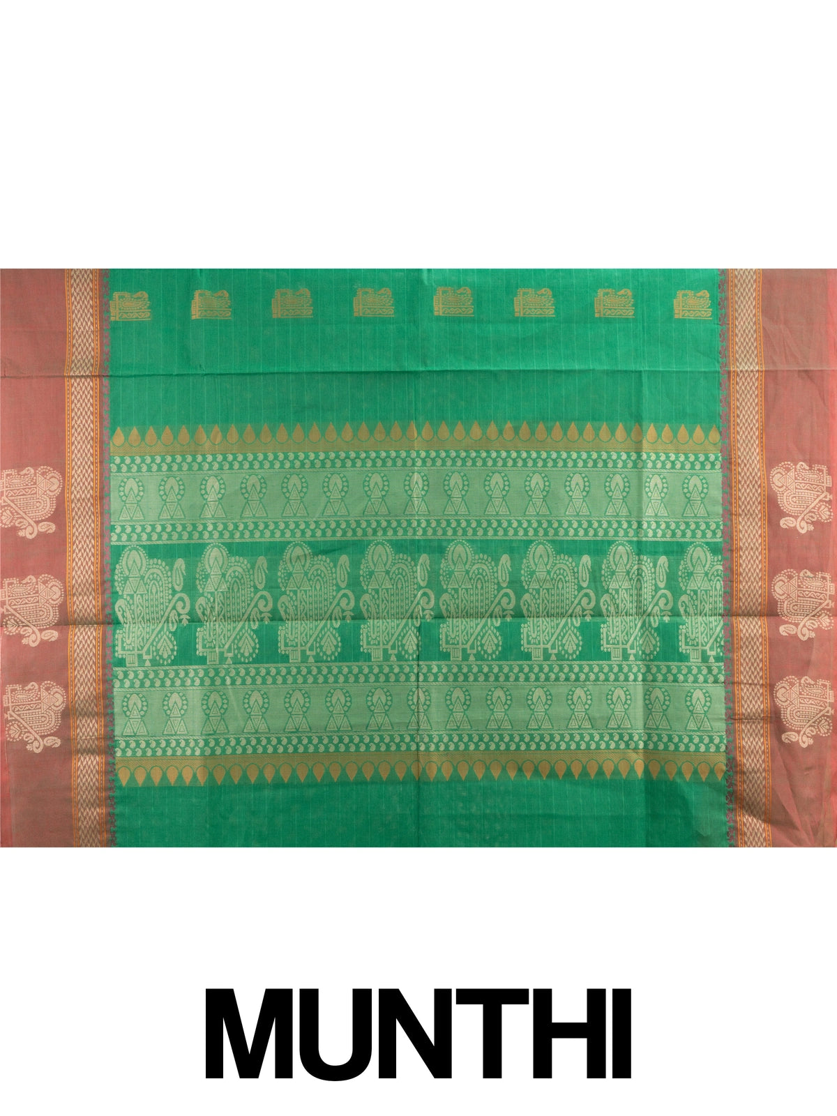Green semi raw silk saree with contrast maroon gold zari border and woven butta motifs