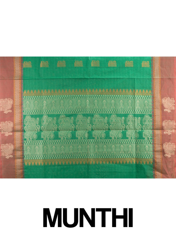 Green semi raw silk saree with contrast maroon gold zari border and woven butta motifs