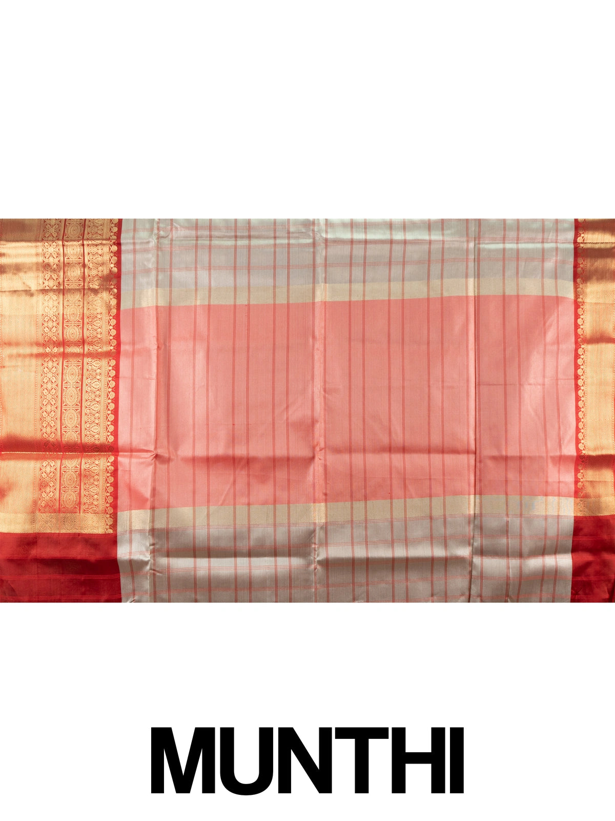 Grey and red checked Kanchi semi silk saree with gold zari border and peach pallu