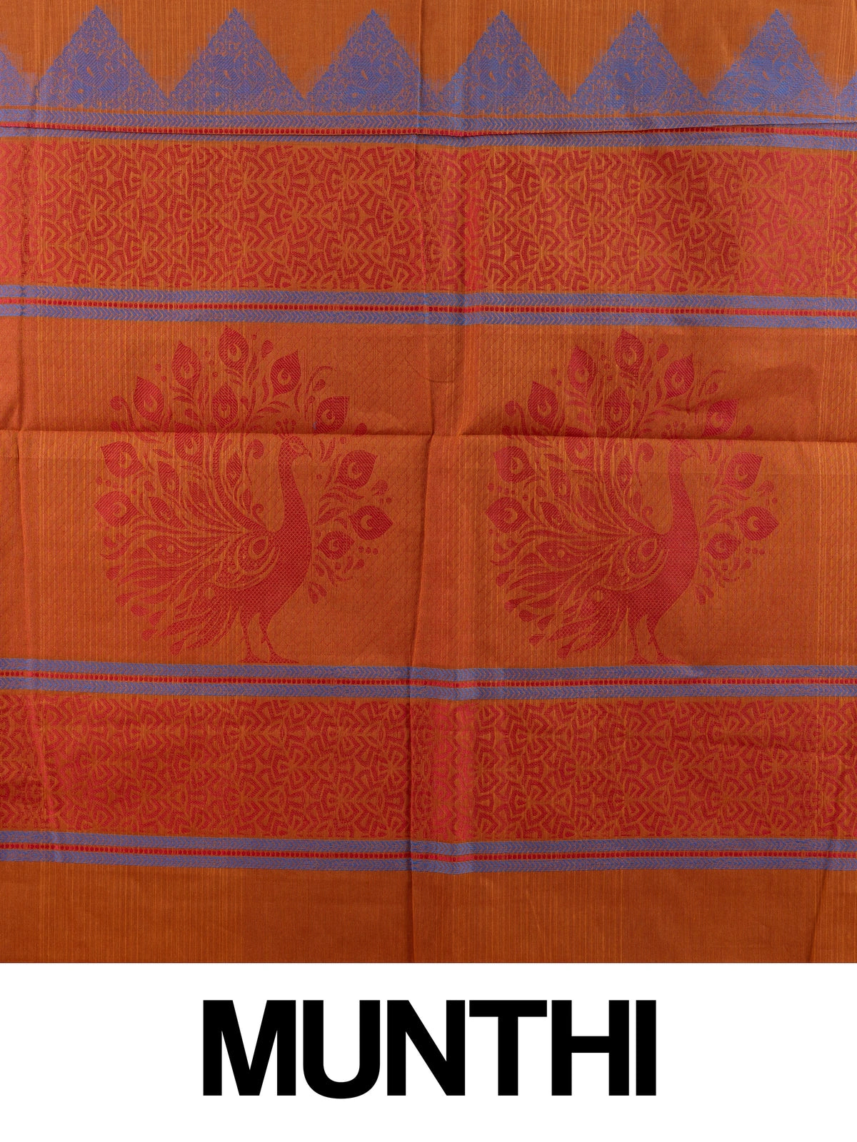 Rust orange silk cotton saree with pink zari border and blue and red peacock motifs