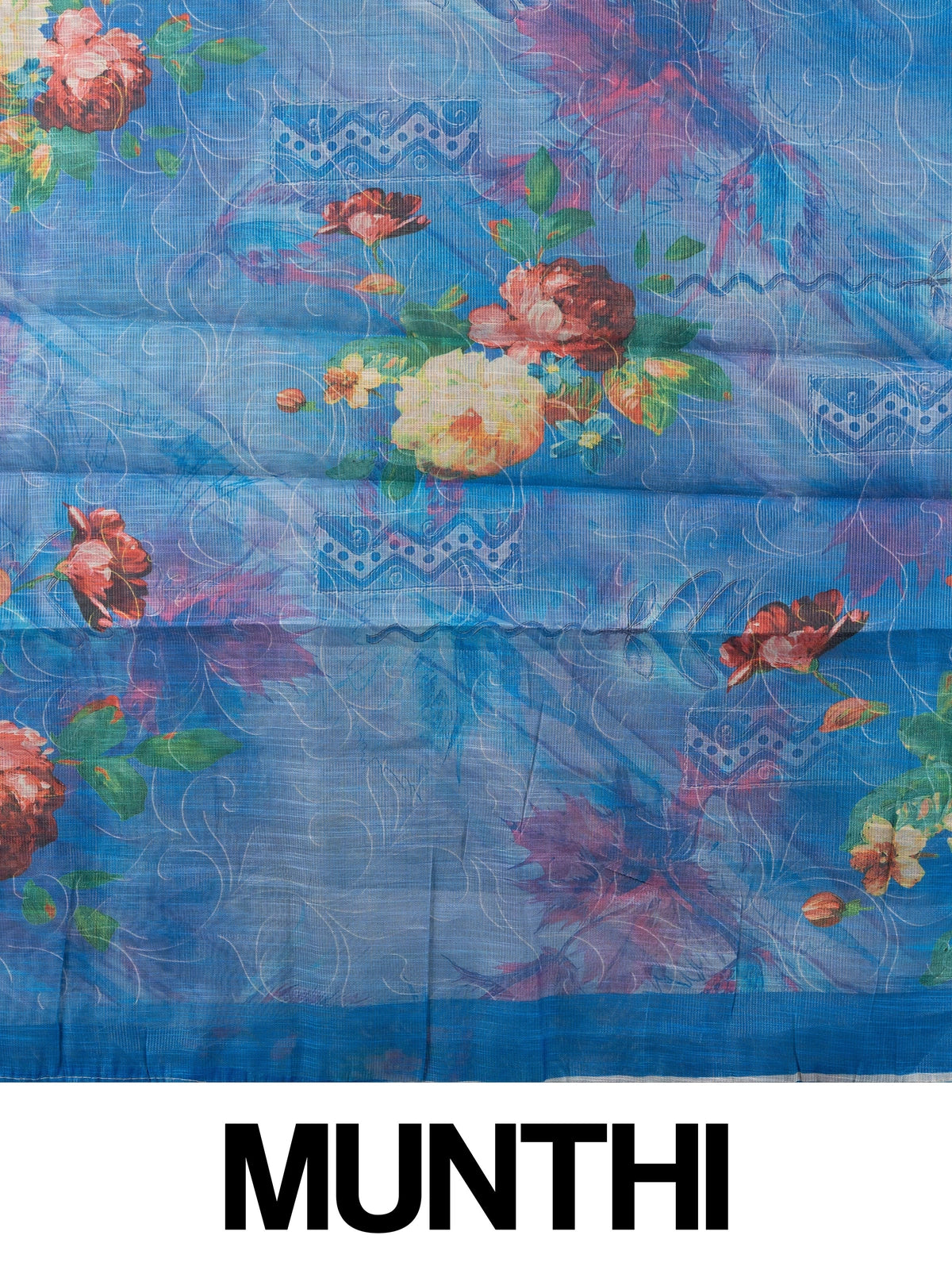 Blue linen cotton saree with multicolour floral print and slim silver-edged border