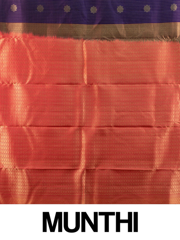 Purple pure Kanchipuram silk saree with gold zari stripes and red contrast peacock border