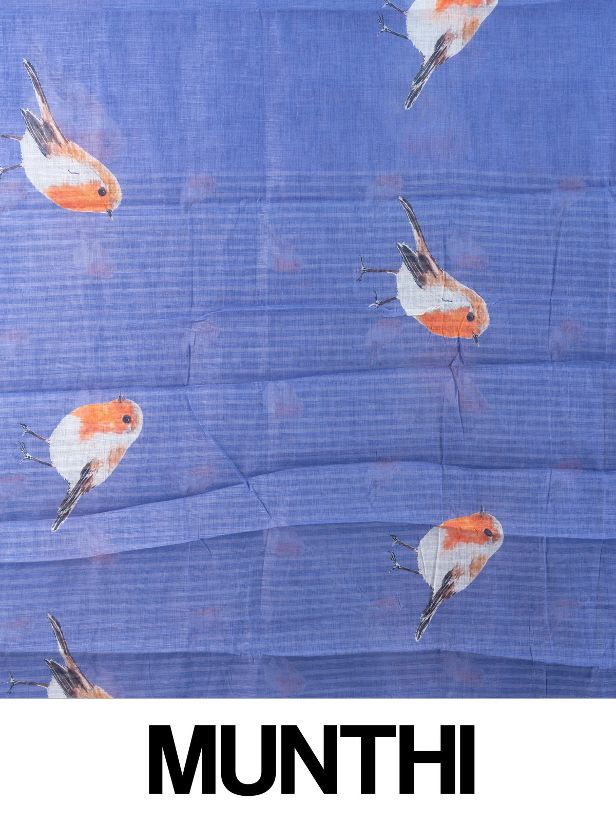 Periwinkle blue linen cotton saree with orange and white robin bird prints and a gold zari border