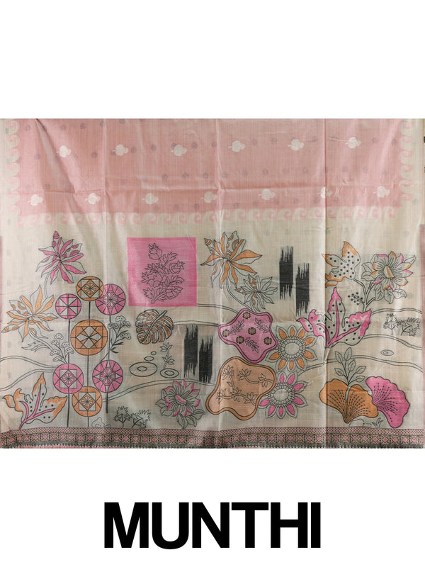 Dusty rose pink linen cotton saree with cream floral buttas, contrast scroll border and printed kalamkari pallu