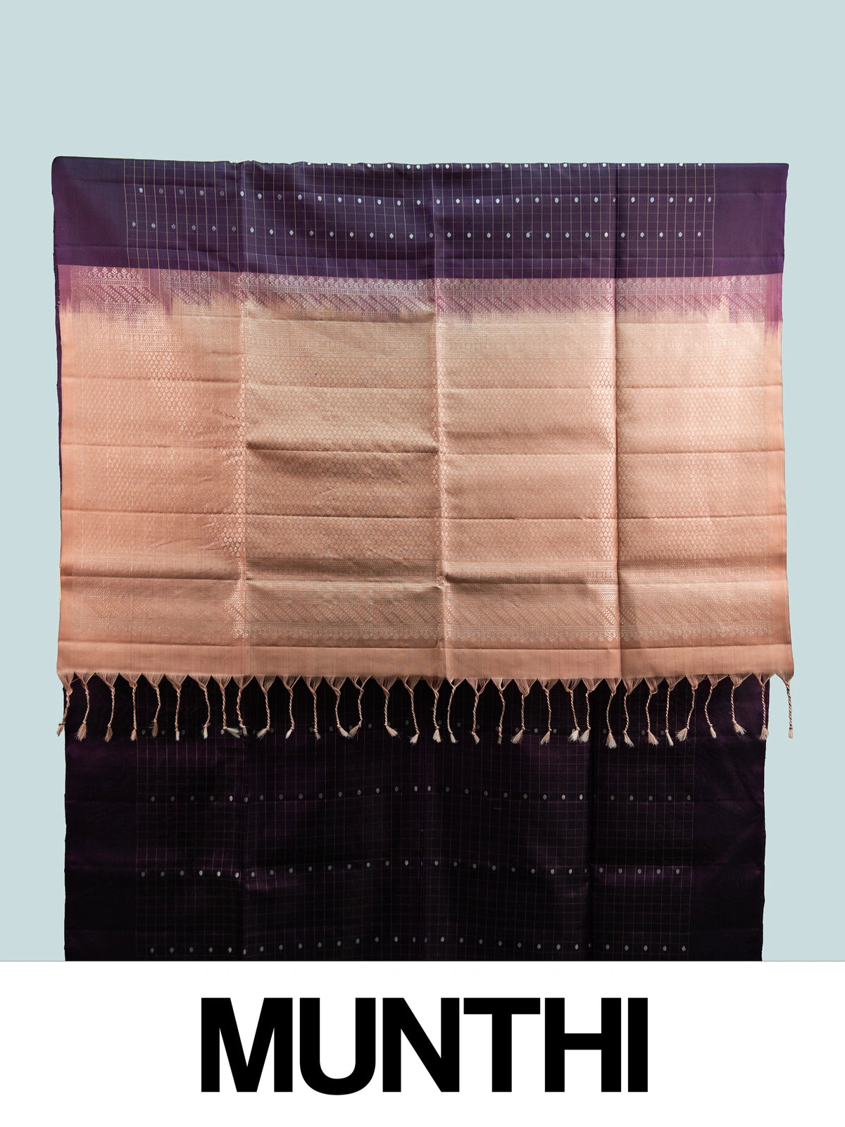 Purple Kanchipuram pure mix saree with checked body, silver buttas and copper zari border and pallu