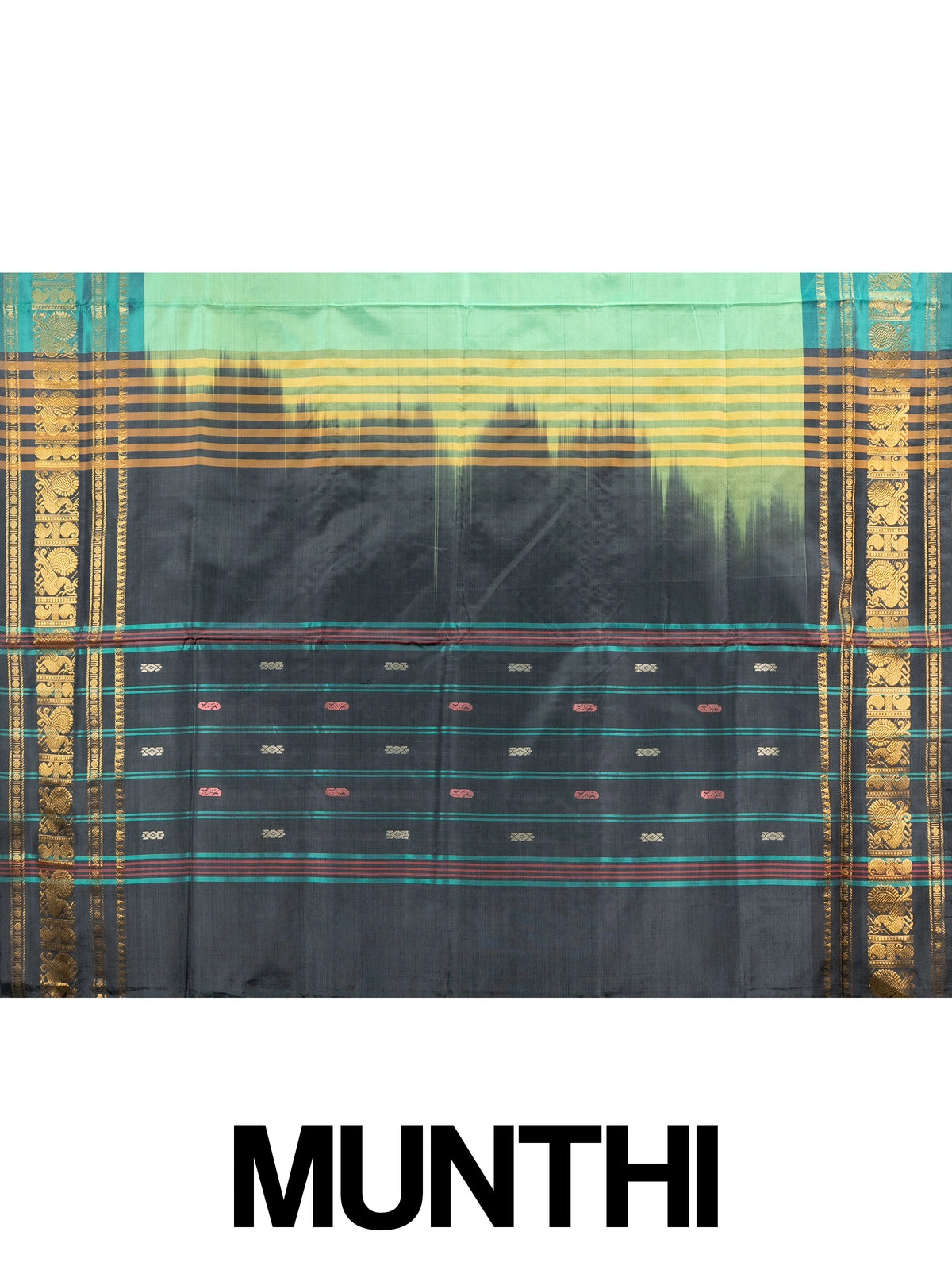 Green Banana Silk saree with teal gold zari peacock border and black striped pallu