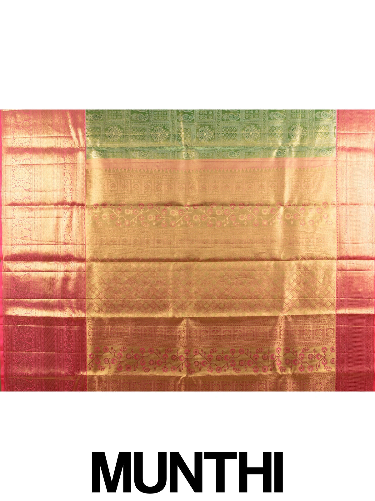 Green pure Kanchipuram silk saree with contrast pink border and gold zari brocade body and pallu