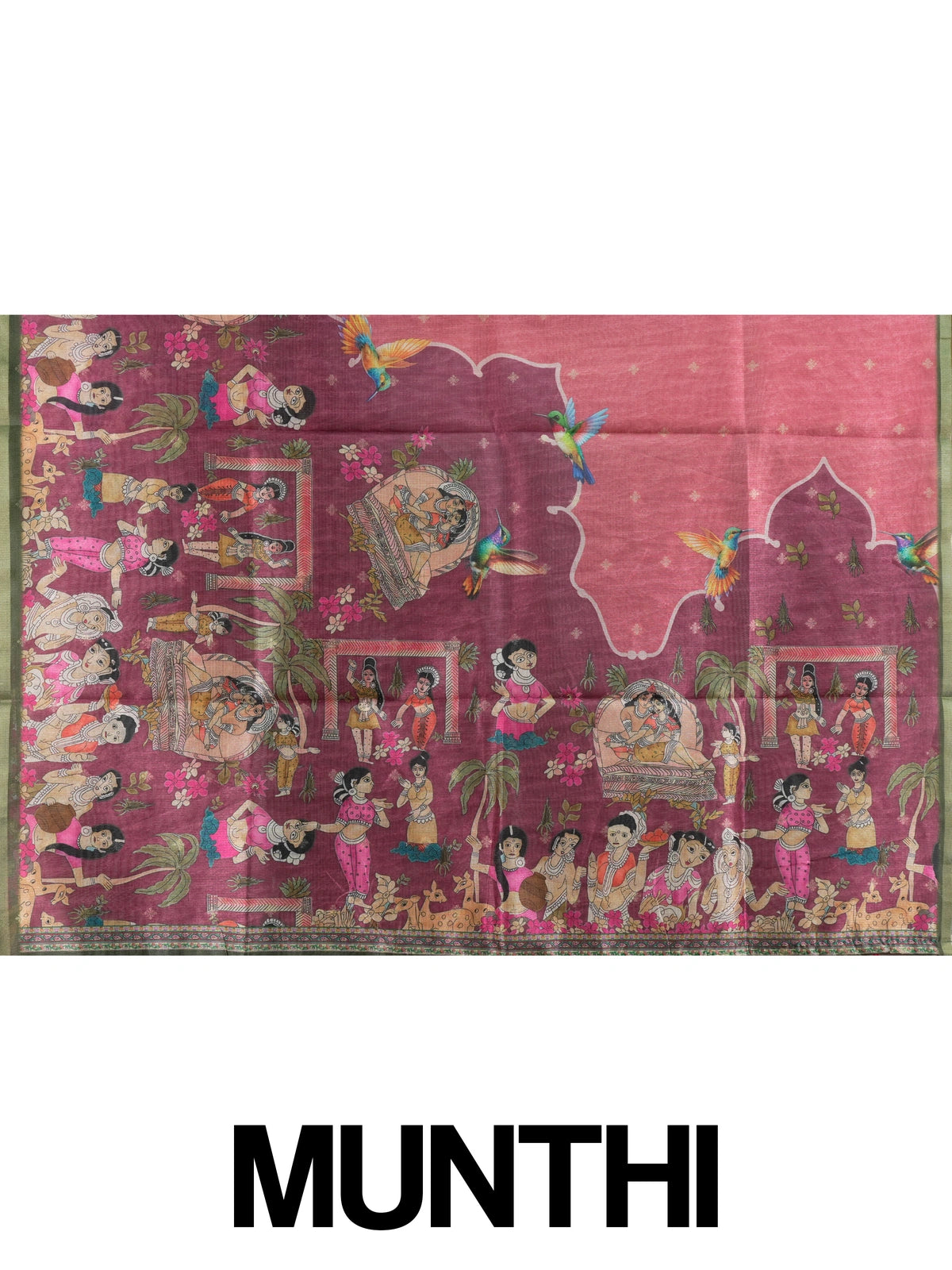 Rose pink semi tussar saree with gold butta body, green zari border and Pattachitra figurative pallu
