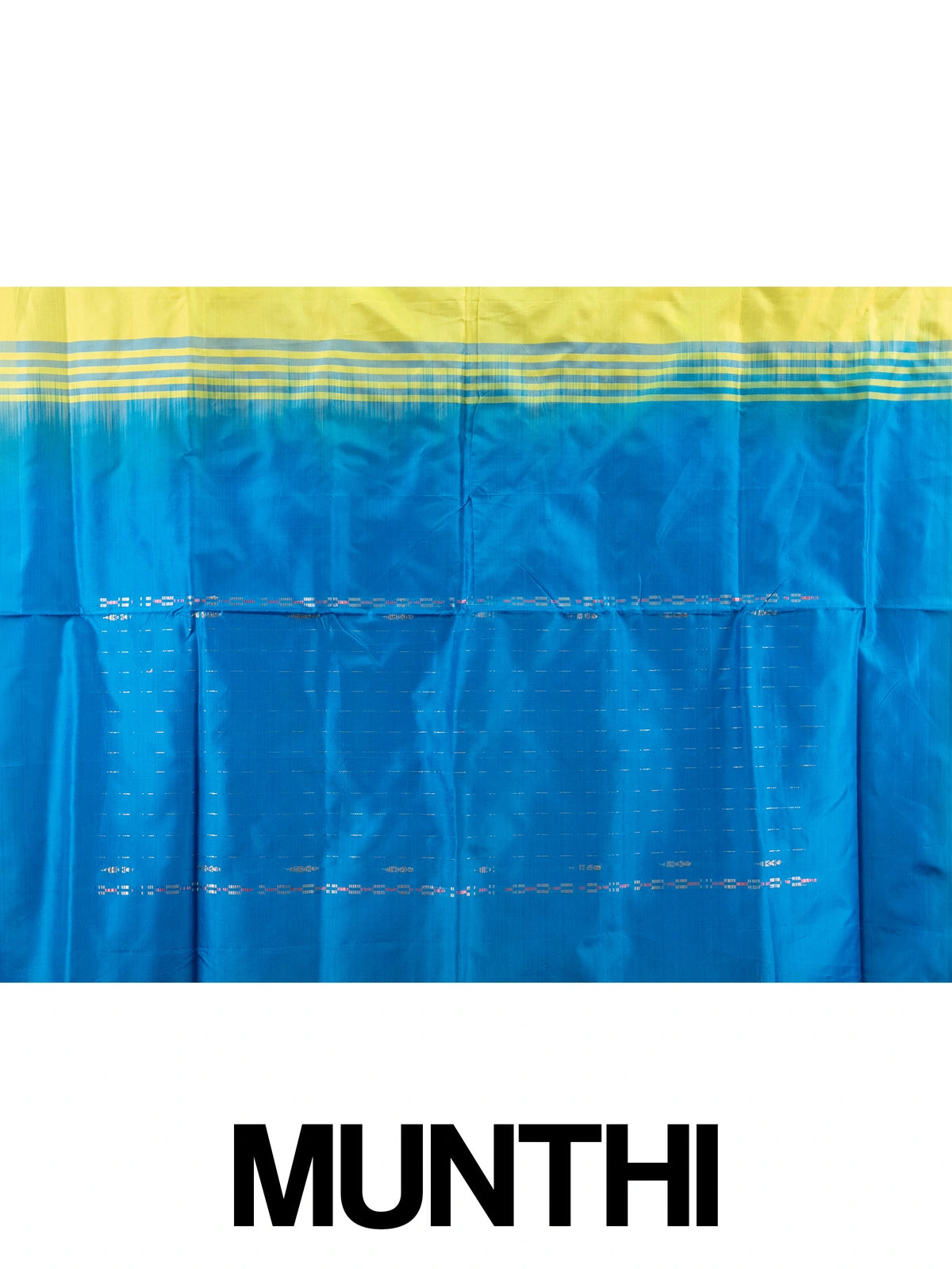 Yellow banana silk saree with contrast blue pallu, striped border and blue blouse