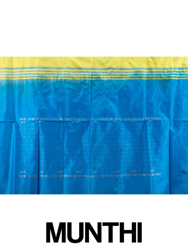 Yellow banana silk saree with contrast blue pallu, striped border and blue blouse