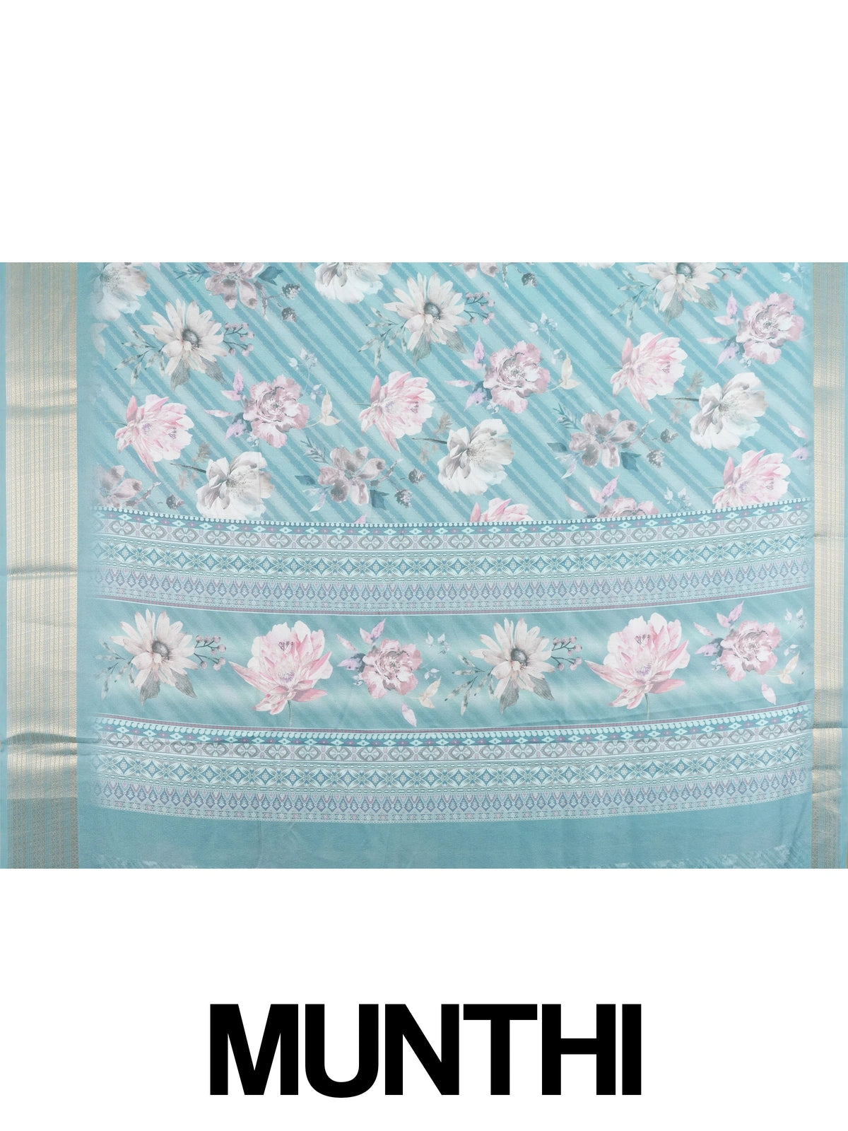 Teal blue floral printed designer art silk saree with gold zari border