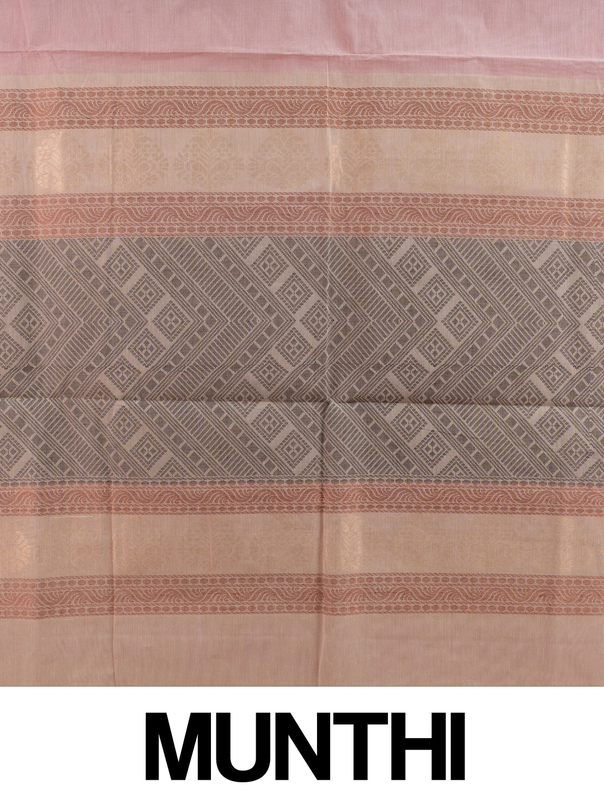 Pink and beige silk cotton saree with striped body, floral buttas and contrast geometric woven border